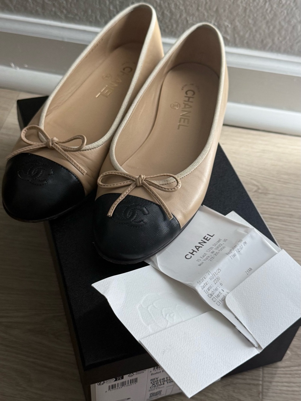 CHANEL Beige Leather Ballet Flats with Black Cap Toe